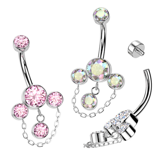 Premium G23 Titanium Bezel-Set Crystal Cluster Chain Navel Dangle 14g