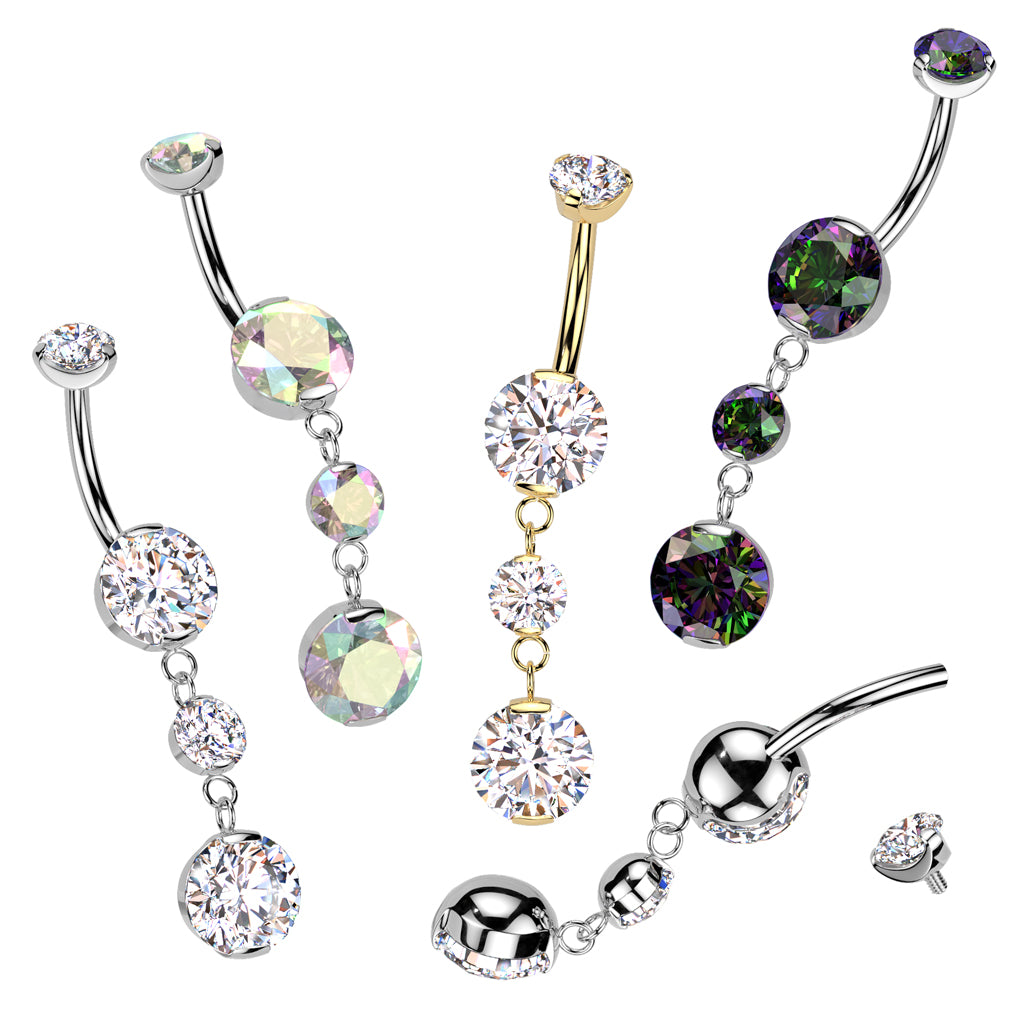Premium G23 Titanium Bezel-Set Triple Gem Internally Threaded Belly Dangle 14g