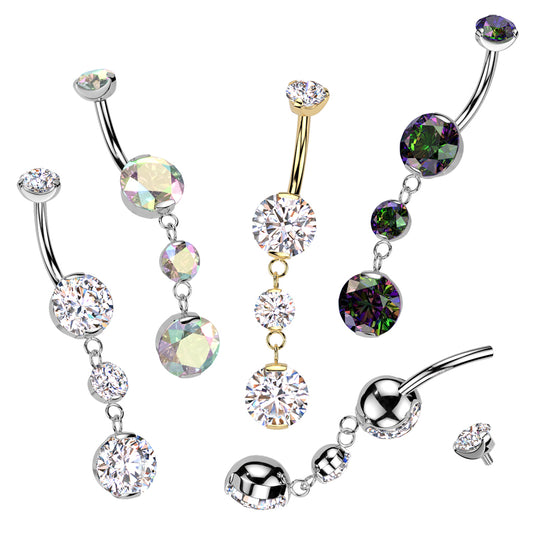 Premium G23 Titanium Bezel-Set Triple Gem Internally Threaded Belly Dangle 14g