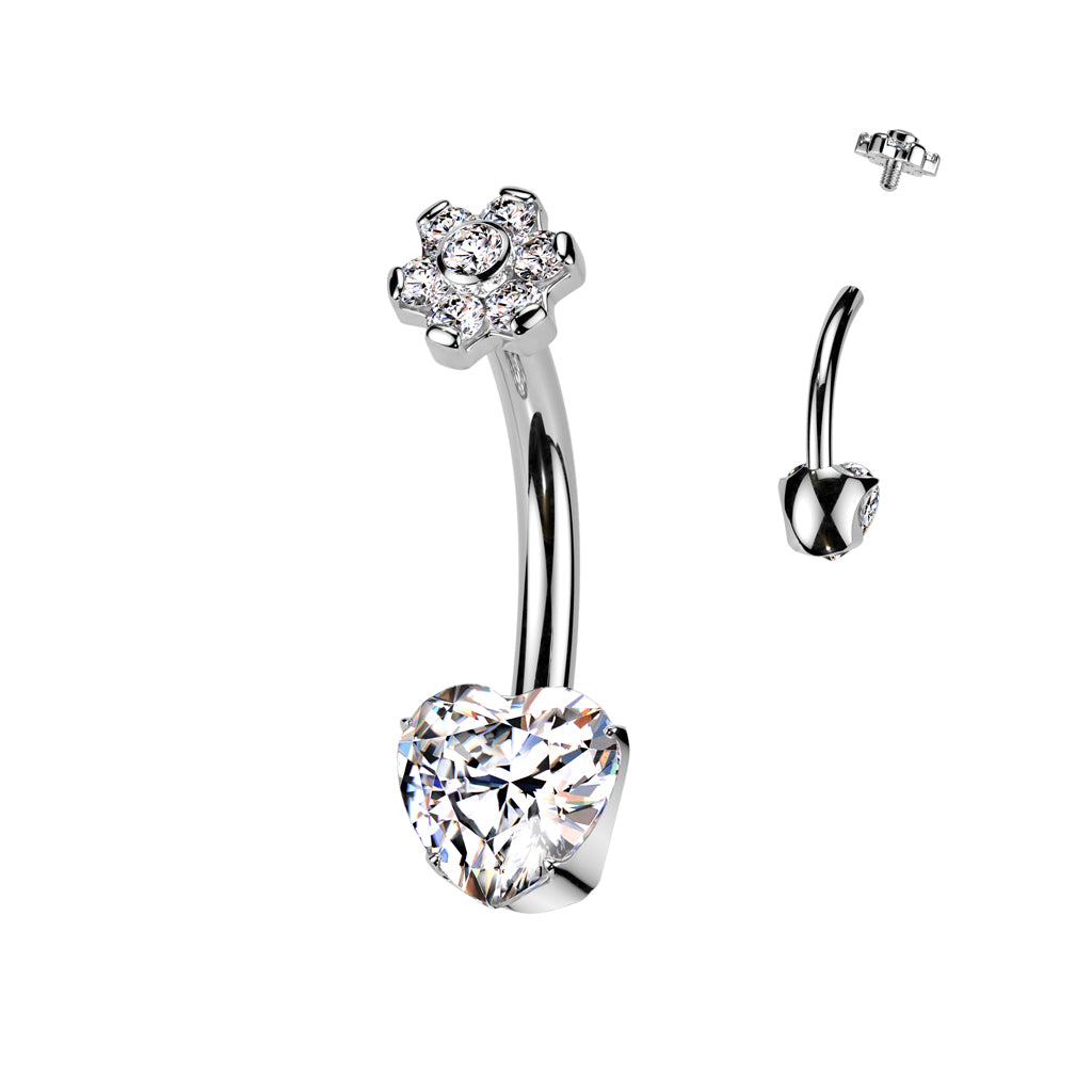 Premium G23 Titanium Heart & Blossom Claw-Set Crystal Navel Barbell 14g