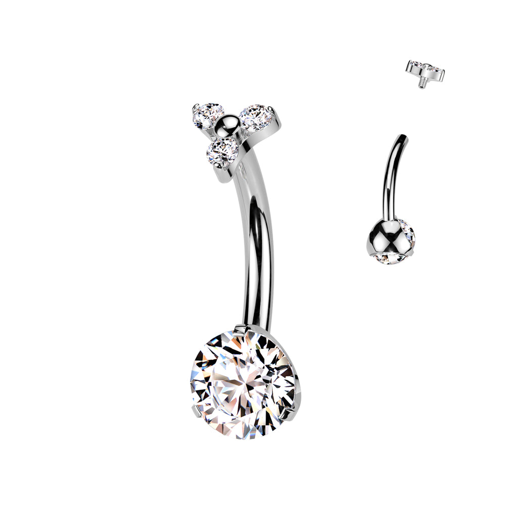 Premium G23 Titanium Round Crystal & Triple Gem Top Internally Threaded Belly Ring 14g