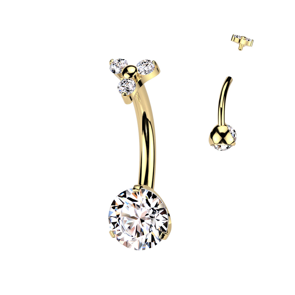 Premium G23 Titanium Round Crystal & Triple Gem Top Internally Threaded Belly Ring 14g