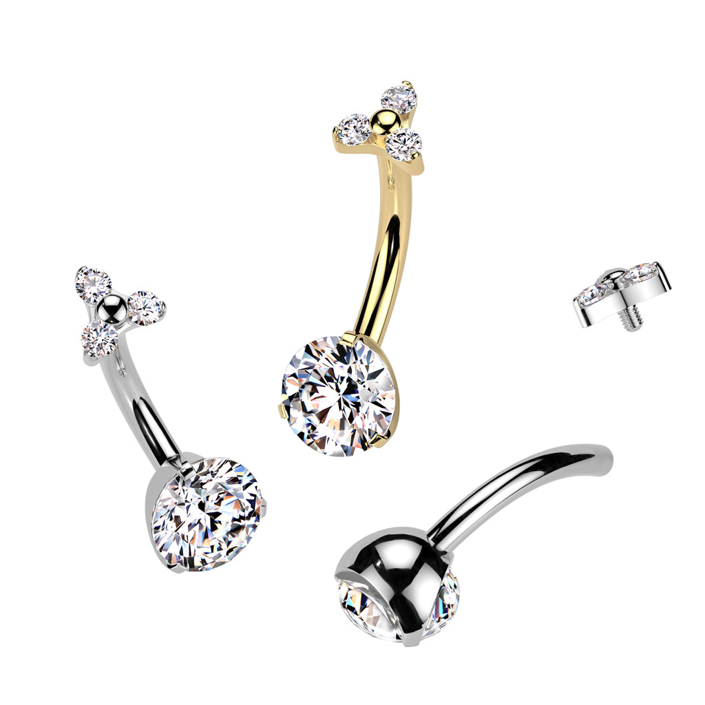 Premium G23 Titanium Round Crystal & Triple Gem Top Internally Threaded Belly Ring 14g