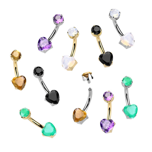 Premium G23 Titanium Claw-Set Heart Stone Internally Threaded Belly Ring 14g