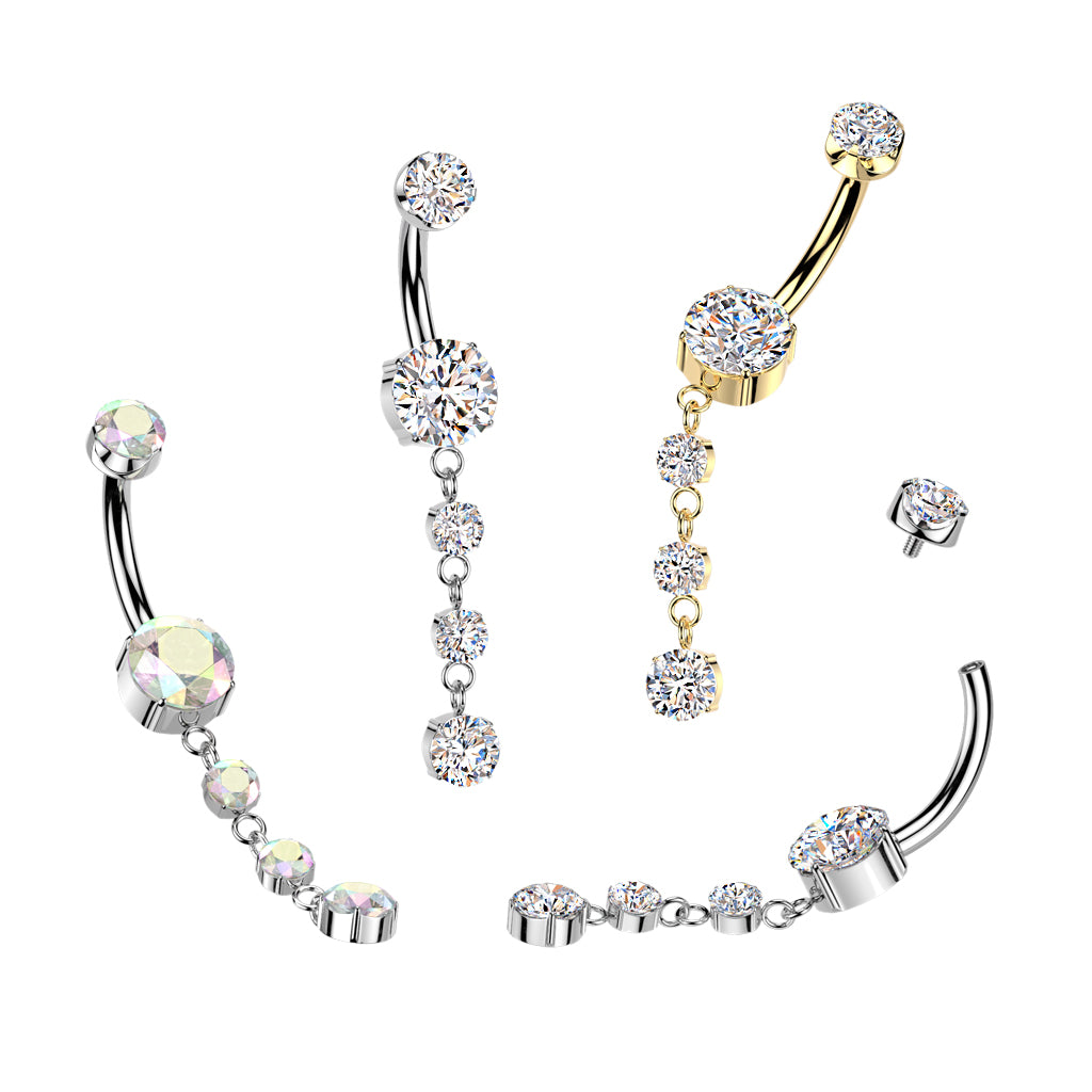 Premium G23 Titanium Claw-Set Crystal Cascade Internally Threaded Belly Dangle 14g