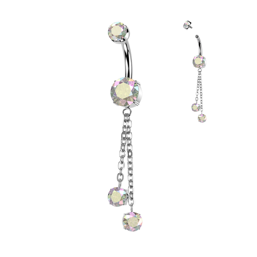 Premium G23 Titanium Bezel-Set Double Chain Crystal Internally Threaded Belly Dangle 14g