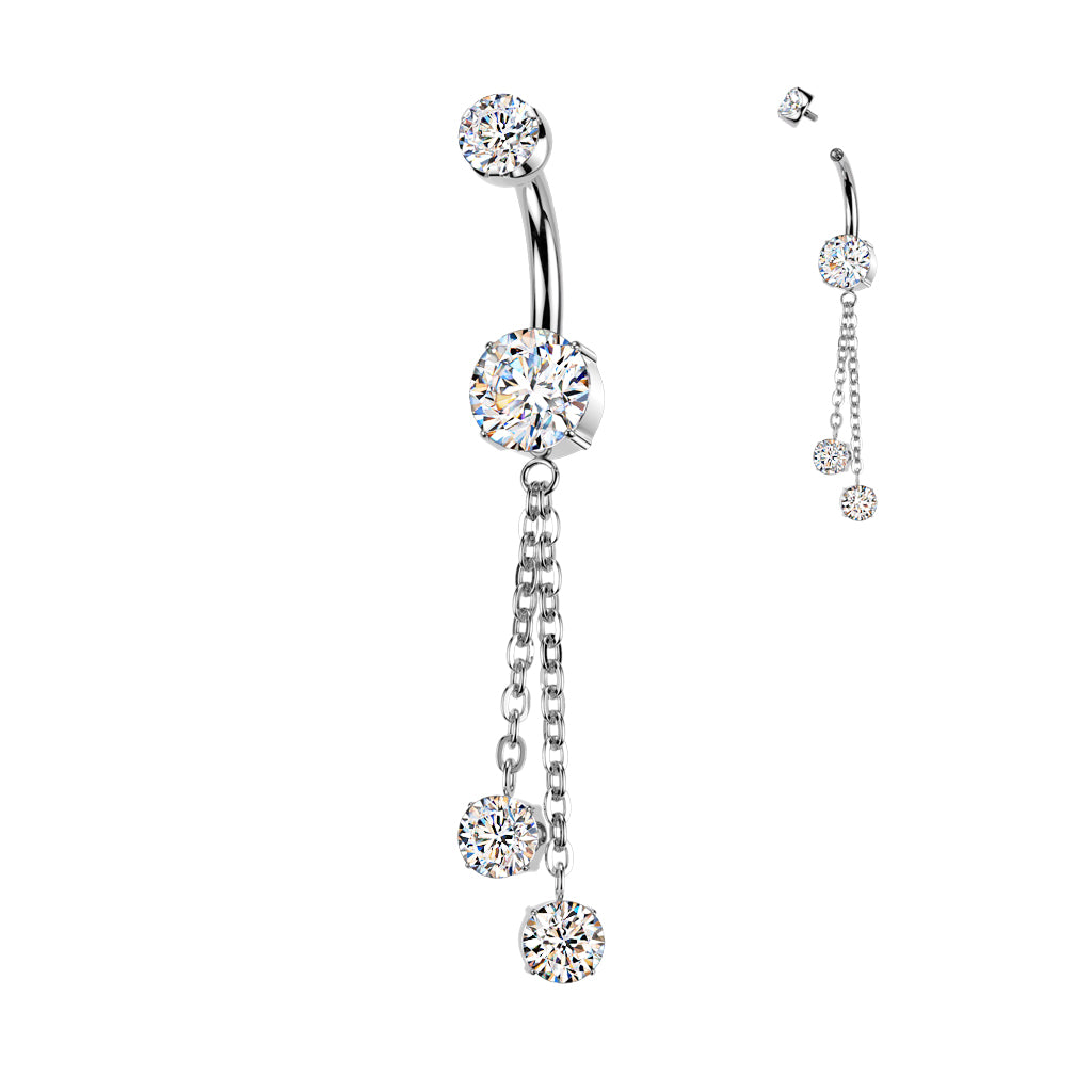 Premium G23 Titanium Bezel-Set Double Chain Crystal Internally Threaded Belly Dangle 14g