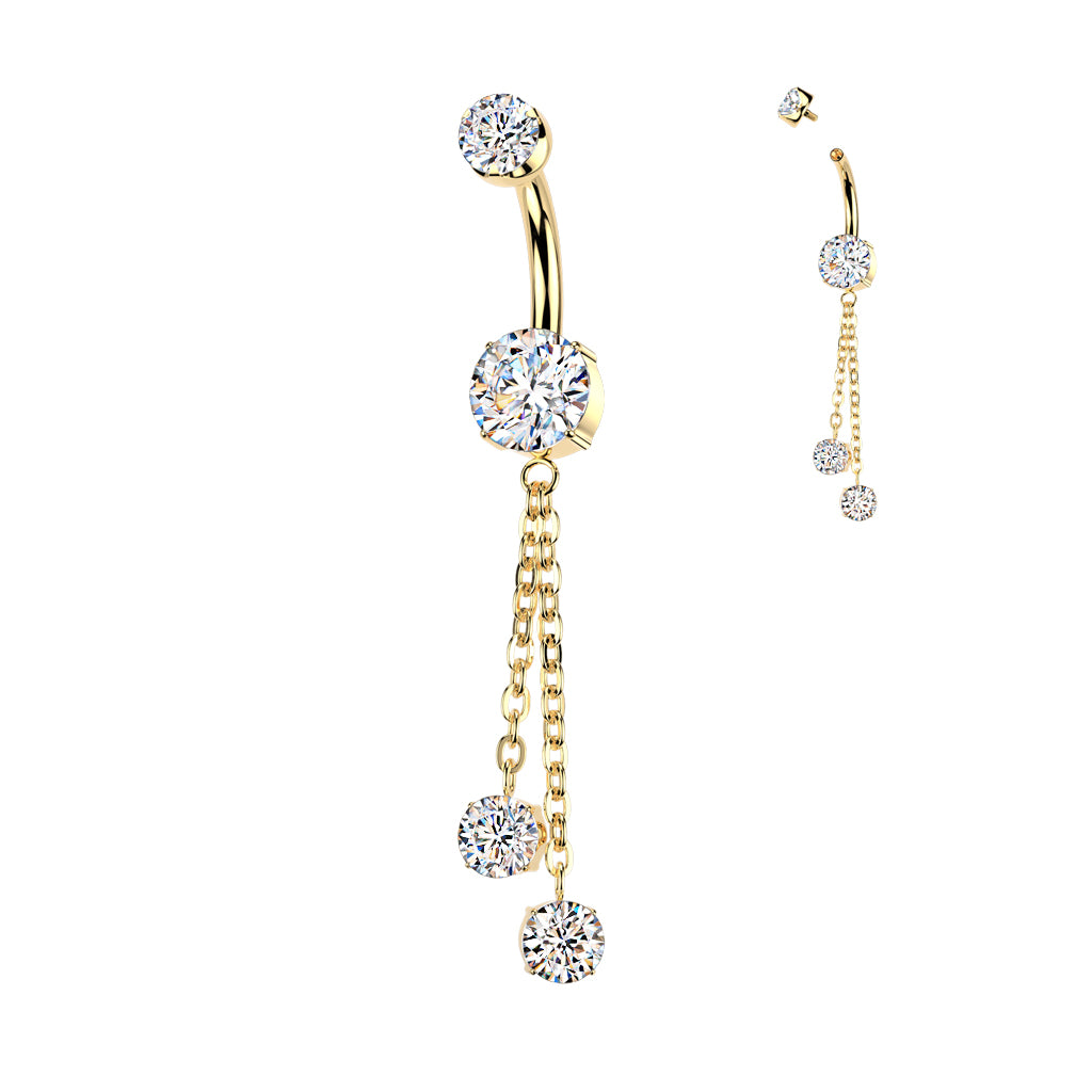 Premium G23 Titanium Bezel-Set Double Chain Crystal Internally Threaded Belly Dangle 14g