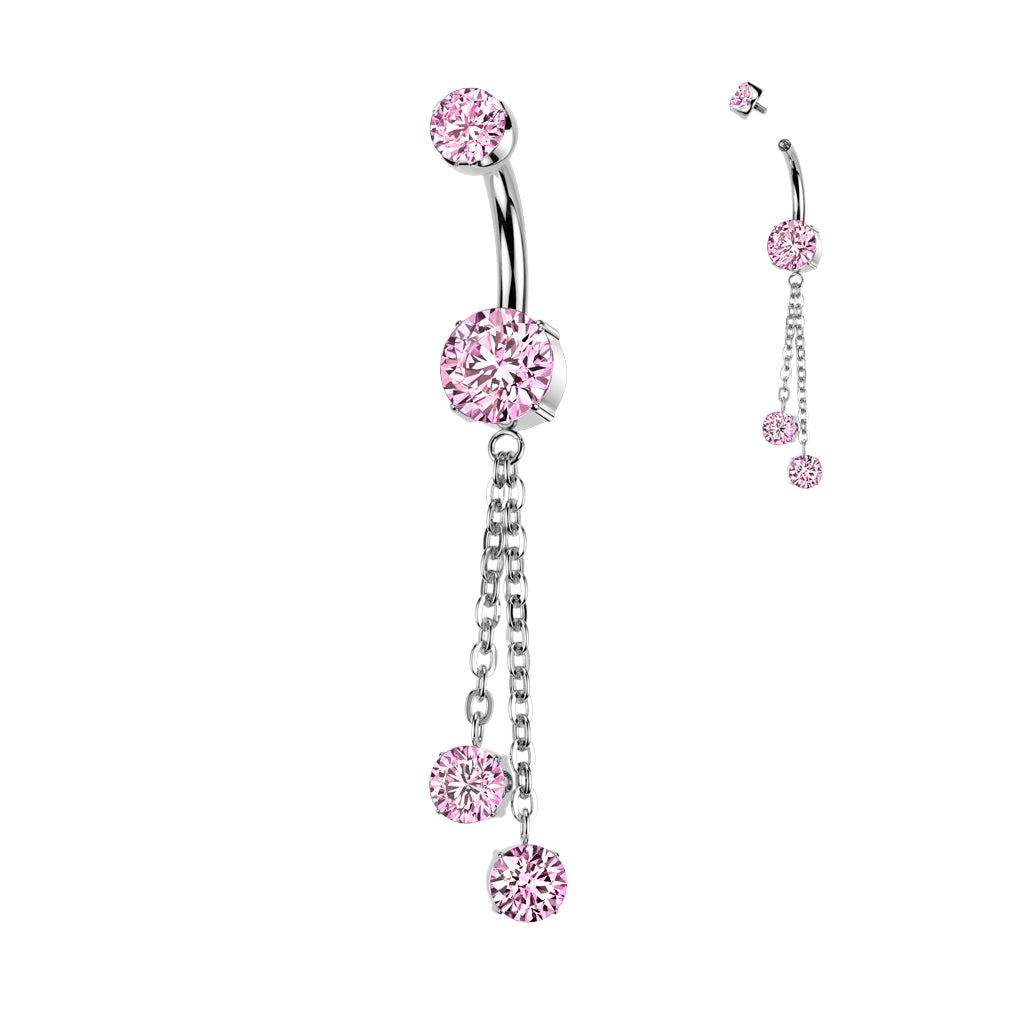 Premium G23 Titanium Bezel-Set Double Chain Crystal Internally Threaded Belly Dangle 14g