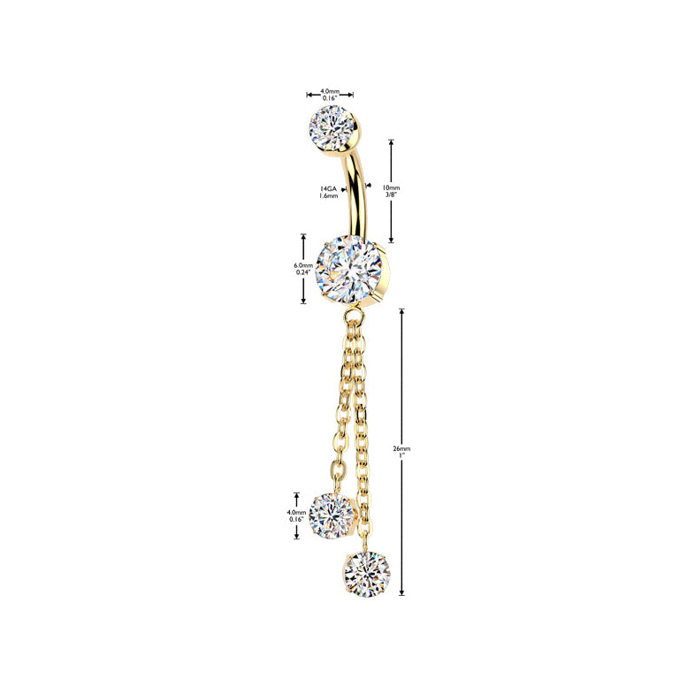 Premium G23 Titanium Bezel-Set Double Chain Crystal Internally Threaded Belly Dangle 14g