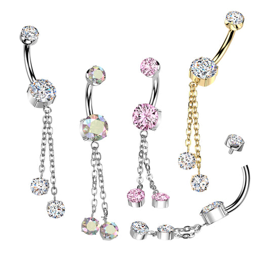 Premium G23 Titanium Bezel-Set Double Chain Crystal Internally Threaded Belly Dangle 14g