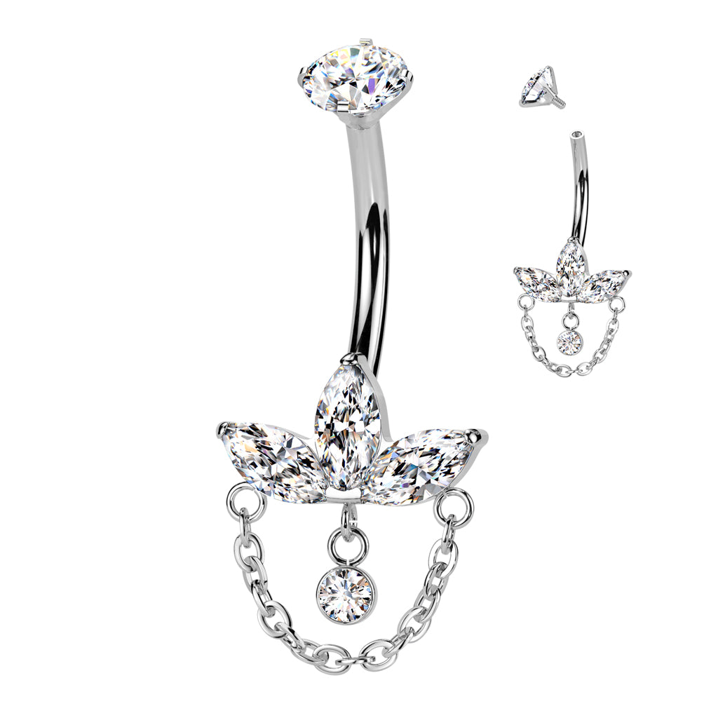 Premium G23 Titanium Claw-Set Marquise Lotus + Chain Internally Threaded Belly Dangle 14g