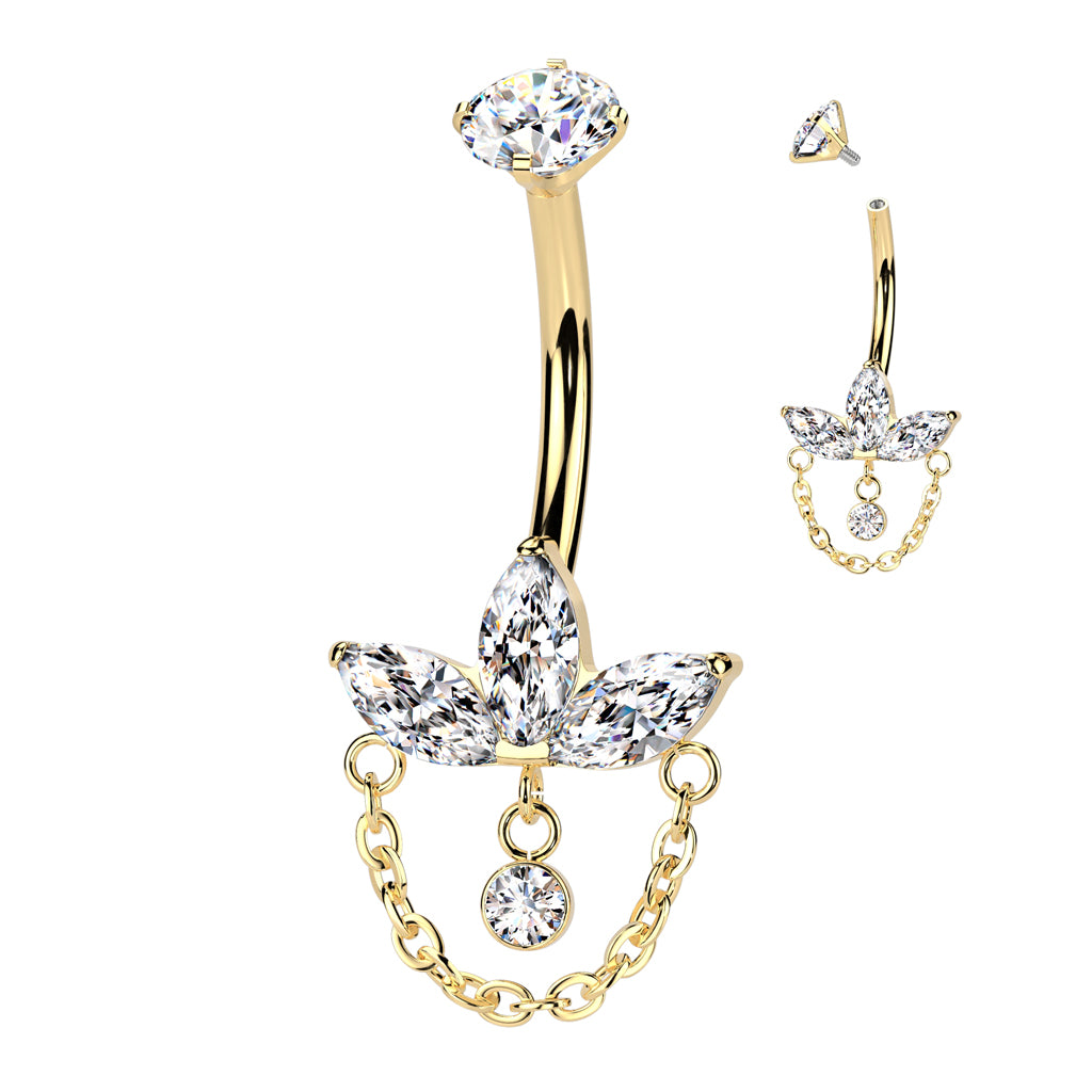 Premium G23 Titanium Claw-Set Marquise Lotus + Chain Internally Threaded Belly Dangle 14g