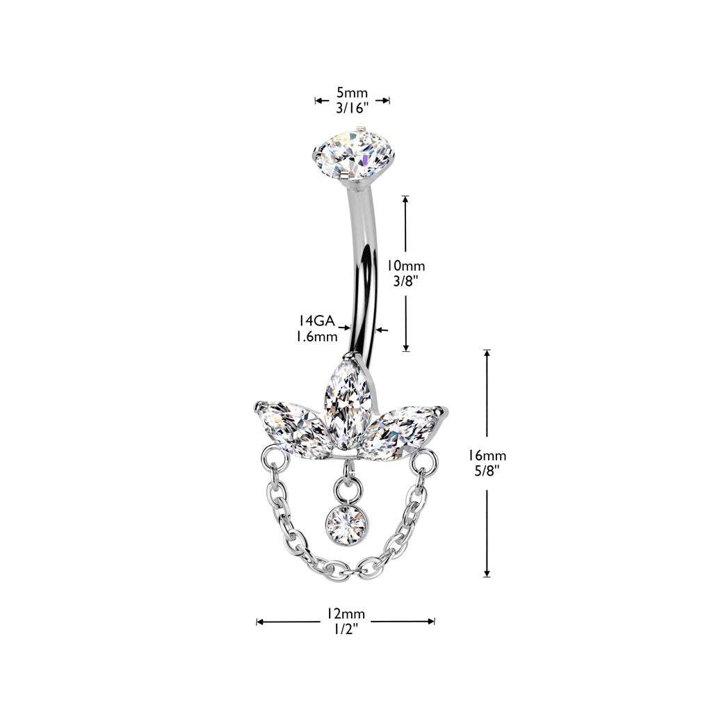 Premium G23 Titanium Claw-Set Marquise Lotus + Chain Internally Threaded Belly Dangle 14g