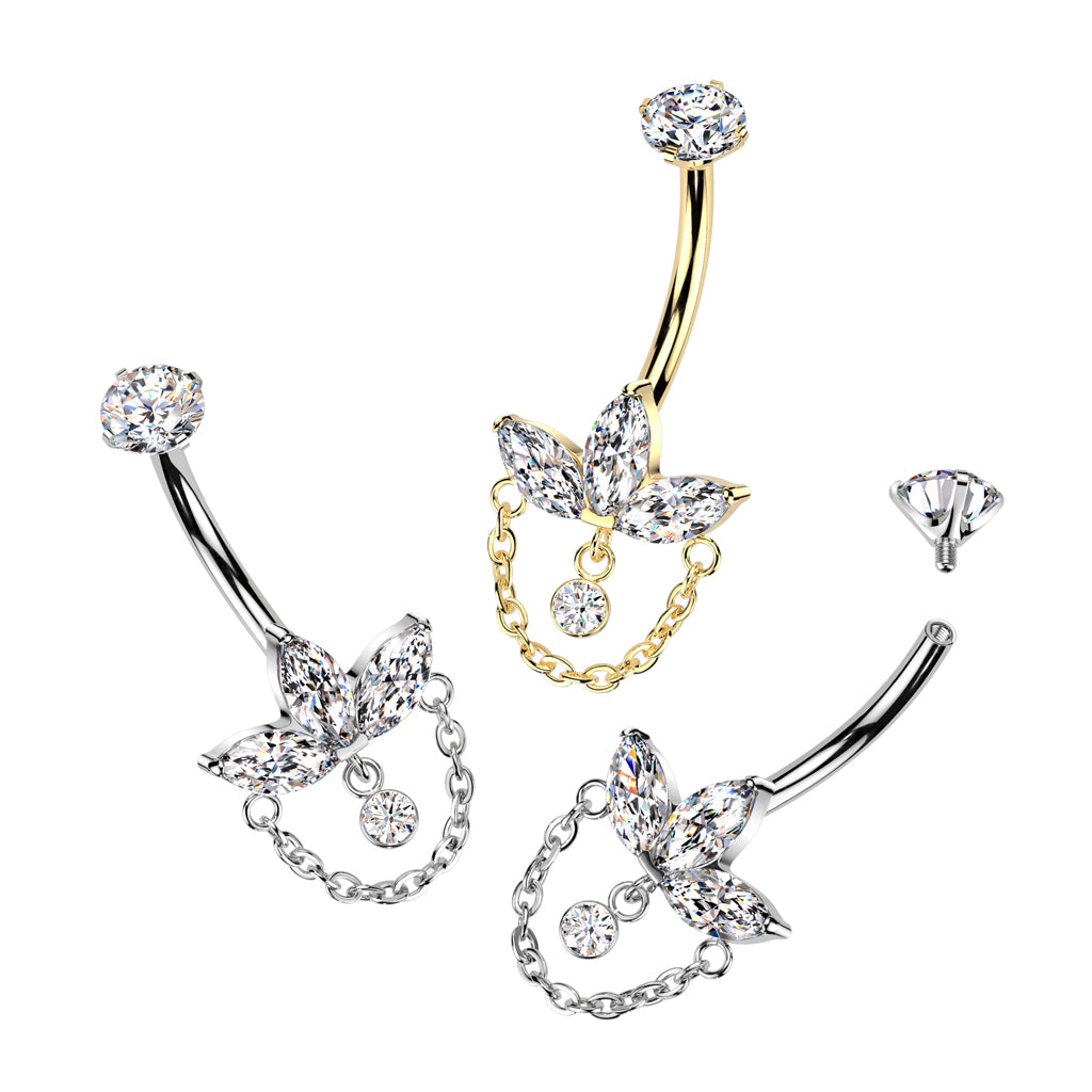 Premium G23 Titanium Claw-Set Marquise Lotus + Chain Internally Threaded Belly Dangle 14g
