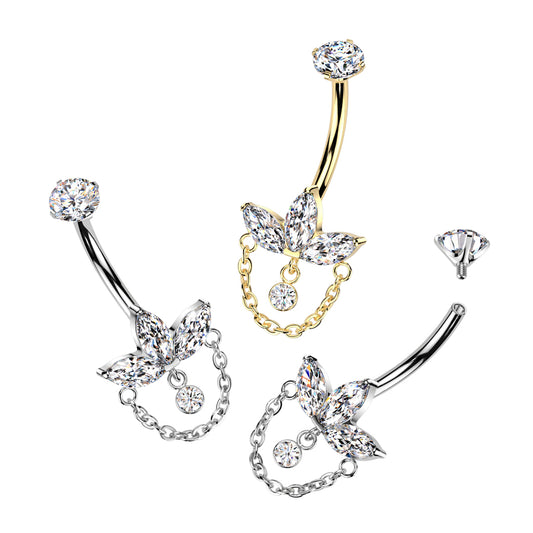 Premium G23 Titanium Claw-Set Marquise Lotus + Chain Internally Threaded Belly Dangle 14g