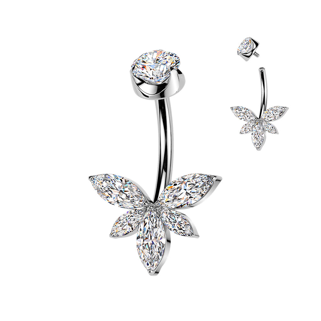 Premium G23 Titanium Claw-Set 5-Petal Marquise Lotus Crystal Belly Ring 14g