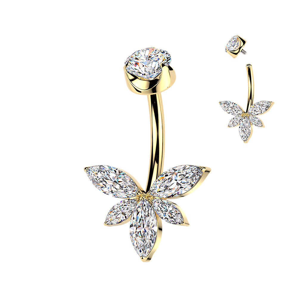 Premium G23 Titanium Claw-Set 5-Petal Marquise Lotus Crystal Belly Ring 14g