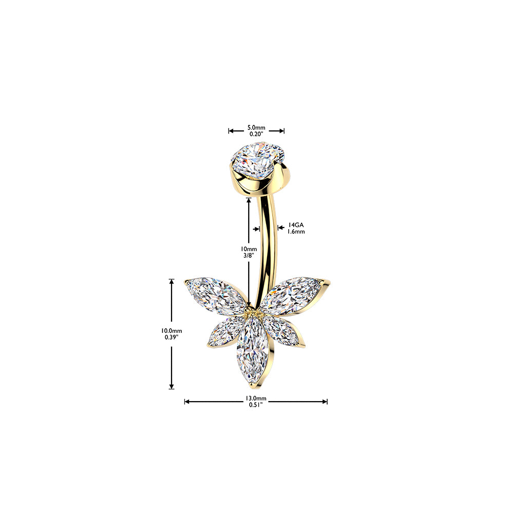 Premium G23 Titanium Claw-Set 5-Petal Marquise Lotus Crystal Belly Ring 14g