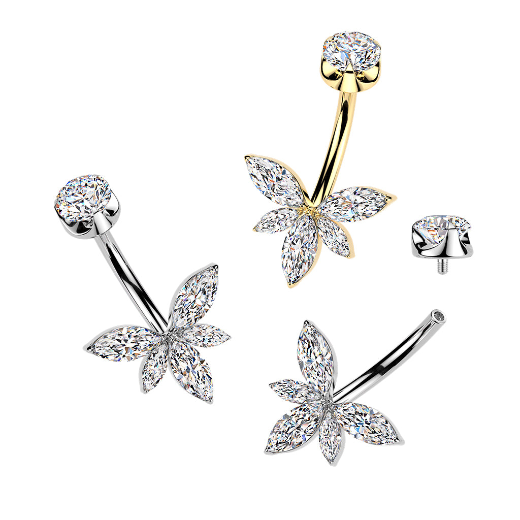 Premium G23 Titanium Claw-Set 5-Petal Marquise Lotus Crystal Belly Ring 14g