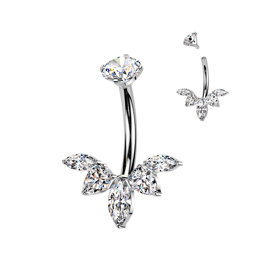 Premium G23 Titanium Claw-Set 5-Crystal Marquise & Pear Internally Threaded Belly Ring 14g