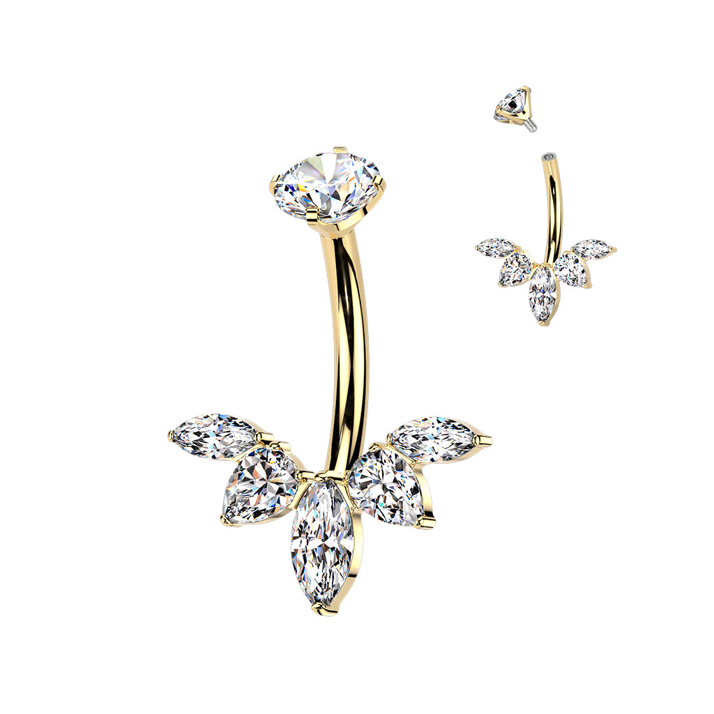 Premium G23 Titanium Claw-Set 5-Crystal Marquise & Pear Internally Threaded Belly Ring 14g