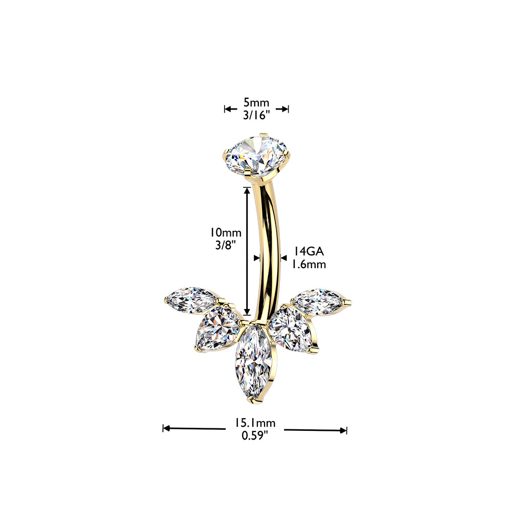 Premium G23 Titanium Claw-Set 5-Crystal Marquise & Pear Internally Threaded Belly Ring 14g