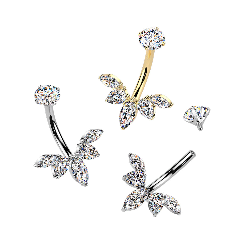 Premium G23 Titanium Claw-Set 5-Crystal Marquise & Pear Internally Threaded Belly Ring 14g