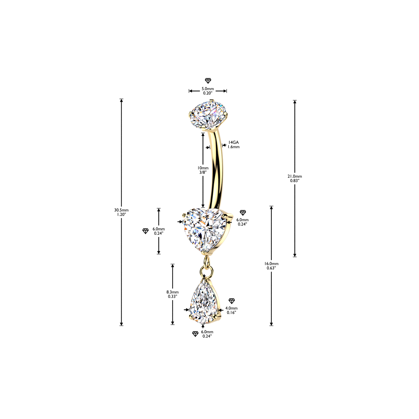 Premium G23 Titanium SweetHeart Drop Navel Dangle 14g
