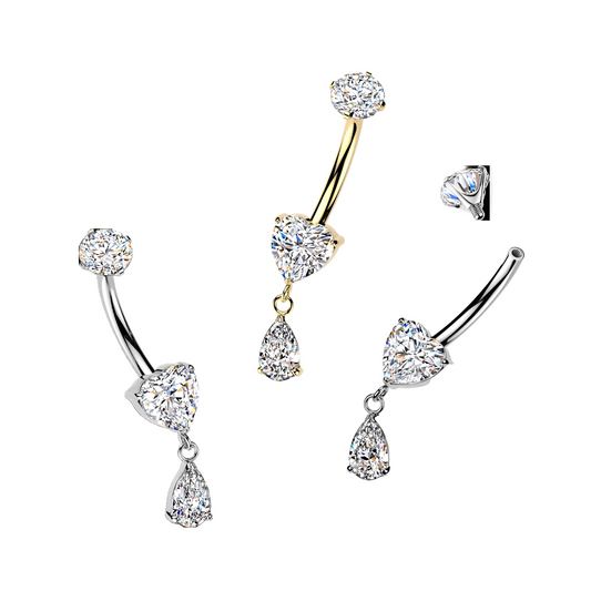Premium G23 Titanium Claw-Set Crystal Heart + Teardrop Internally Threaded Belly Dangle 14g