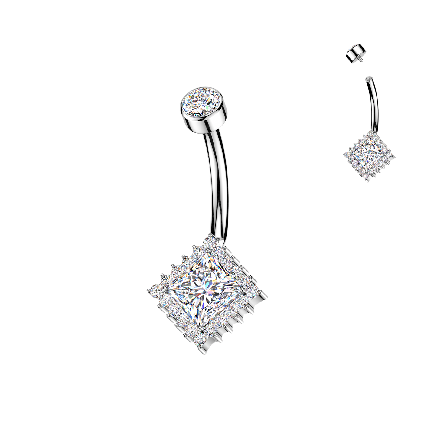 Premium G23 Titanium Princess-Cut Crystal Halo Internally Threaded Belly Ring 14g