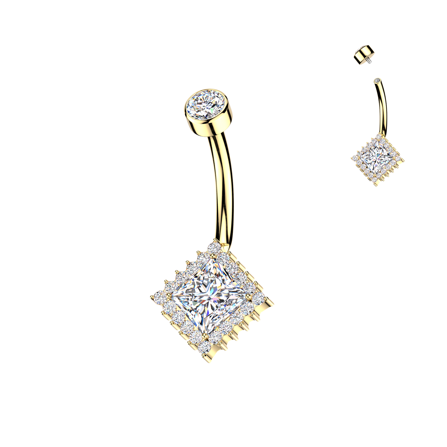 Premium G23 Titanium Princess-Cut Crystal Halo Internally Threaded Belly Ring 14g