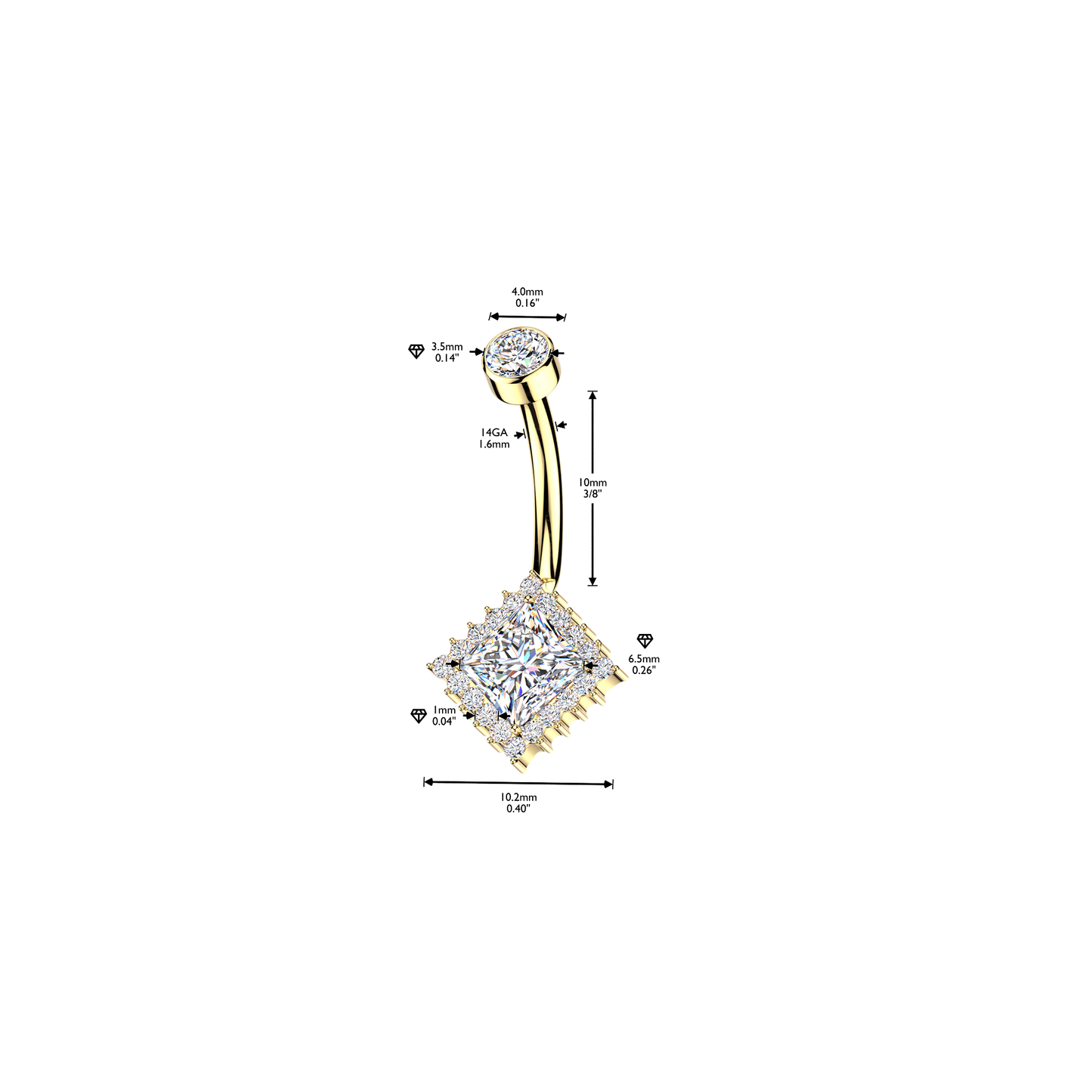 Premium G23 Titanium Princess-Cut Crystal Halo Internally Threaded Belly Ring 14g