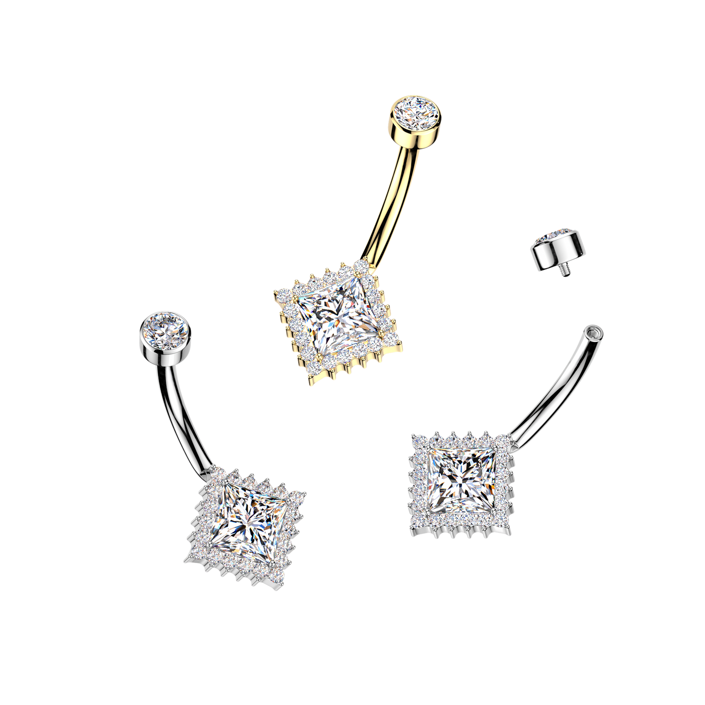 Premium G23 Titanium Princess-Cut Crystal Halo Internally Threaded Belly Ring 14g