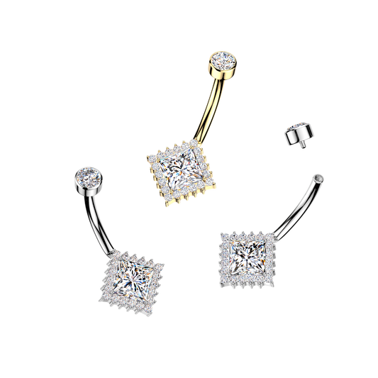 Premium G23 Titanium Princess-Cut Crystal Halo Internally Threaded Belly Ring 14g