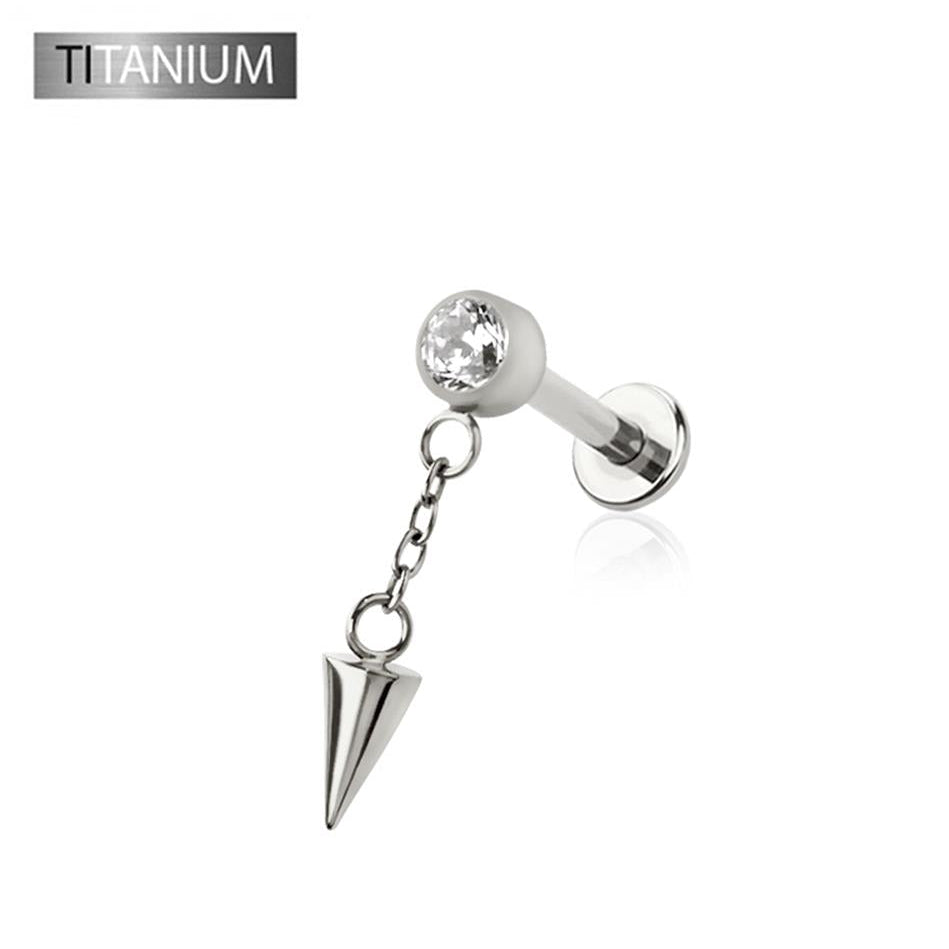 Silver titanium barbell with a chain and spike