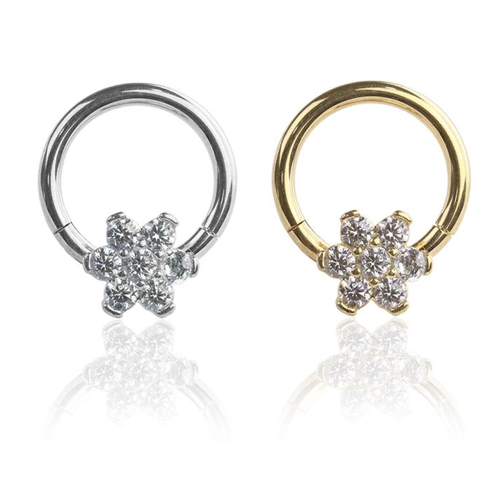 Claw-Set Crystal 6-Petal Flower Hinged Segment Ring 16g