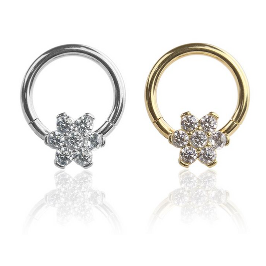 Claw-Set Crystal 6-Petal Flower Hinged Segment Ring 16g