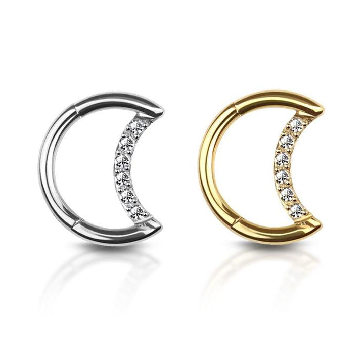 Premium Pavé-Set Crystal Crescent Moon Hinged Segment Ring 16g