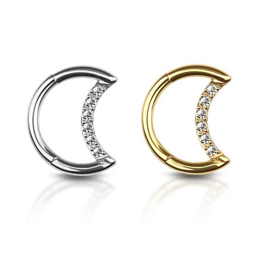 Premium Pavé-Set Crystal Crescent Moon Hinged Segment Ring 16g
