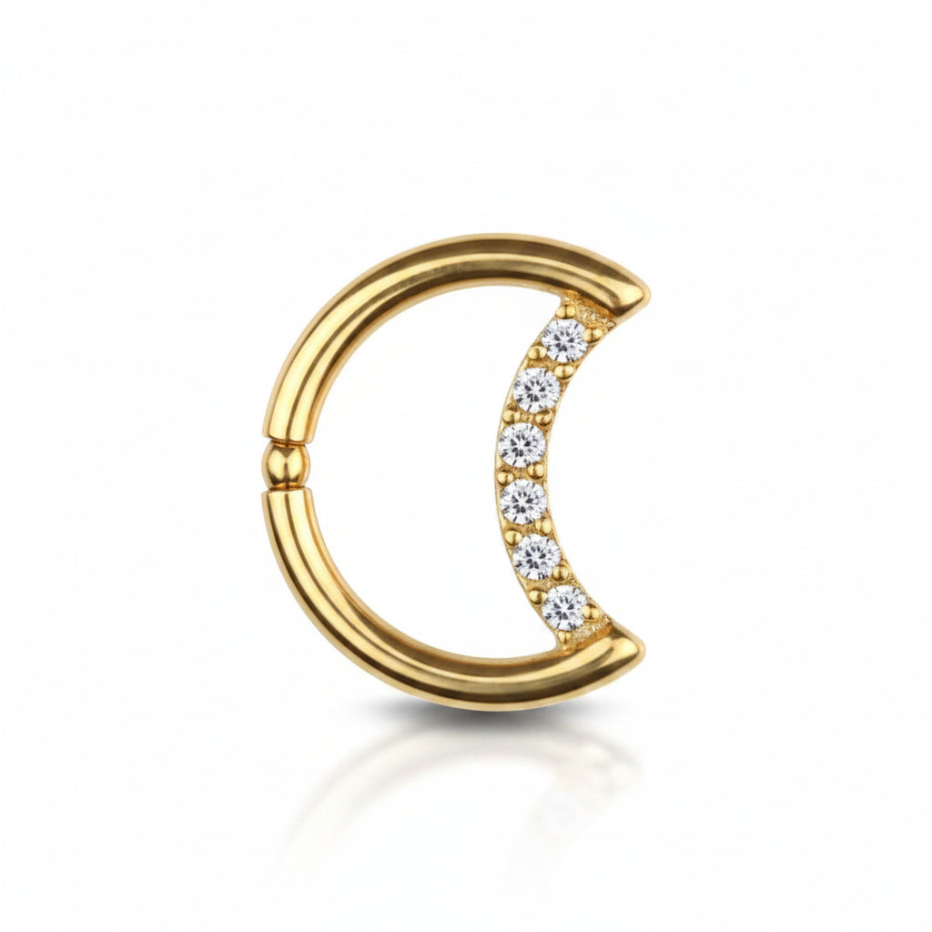 Premium Pavé-Set Crystal Crescent Moon Hinged Segment Ring 16g