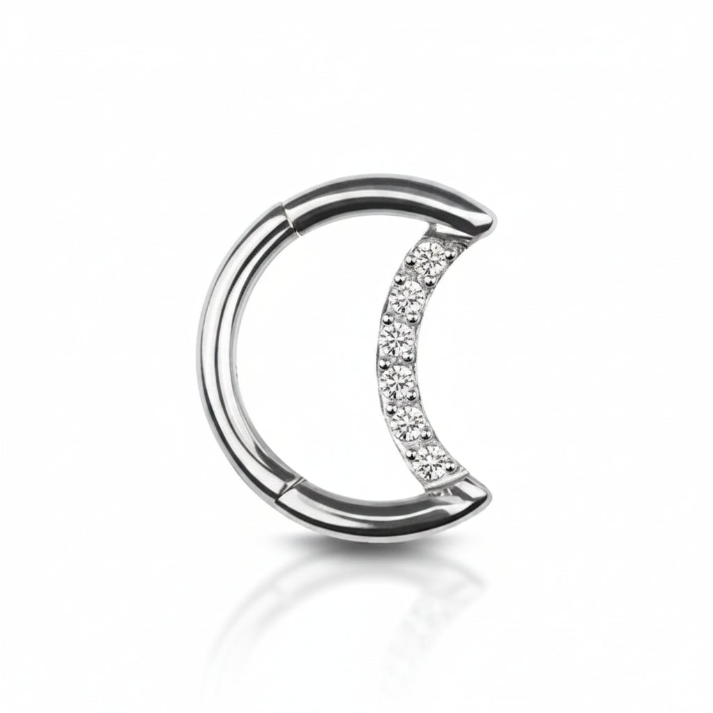 Premium Pavé-Set Crystal Crescent Moon Hinged Segment Ring 16g