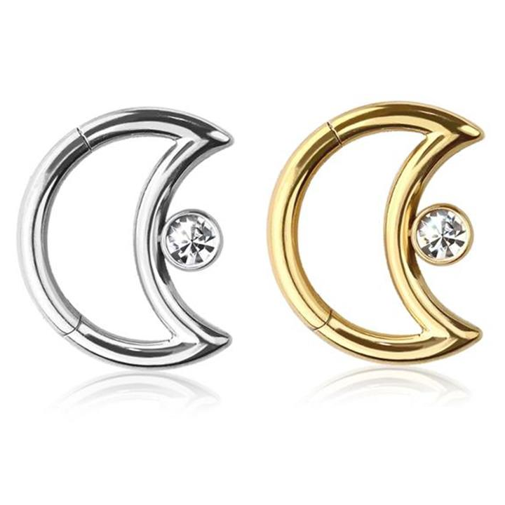 Premium Bezel-Set Crystal Crescent Moon Hinged Segment Ring 16g