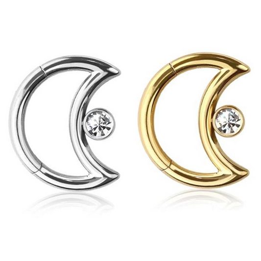 Premium Bezel-Set Crystal Crescent Moon Hinged Segment Ring 16g