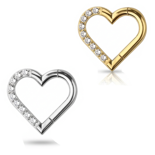 Premium Surgical Steel Pavé-Set Crystal Heart Hinged Segment Ring 16g