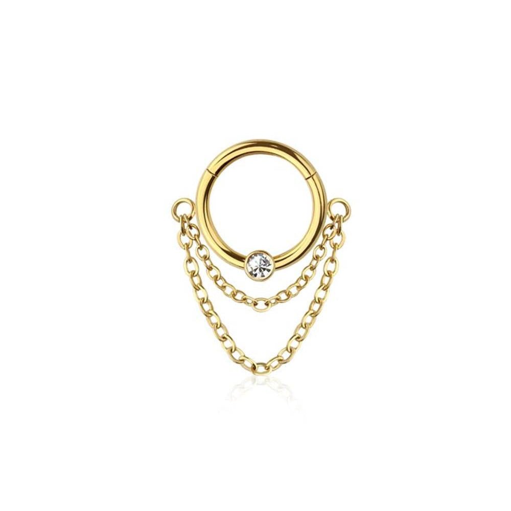 Premium Surgical Steel Bezel-Set Crystal + Double Chain Hinged Segment Ring 16g