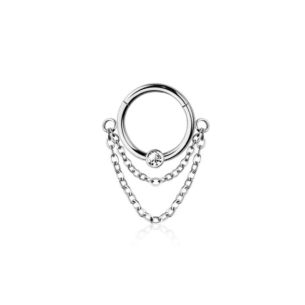 Premium Surgical Steel Bezel-Set Crystal + Double Chain Hinged Segment Ring 16g
