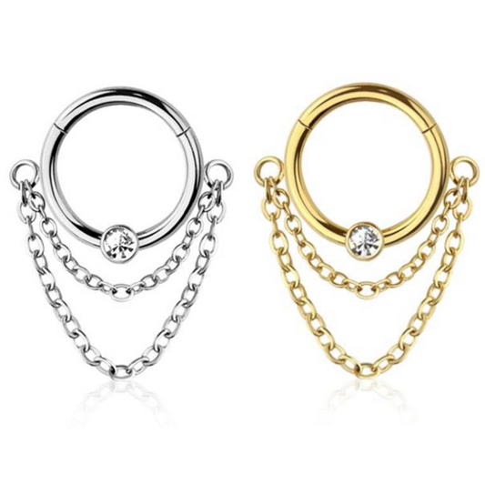 Premium Surgical Steel Bezel-Set Crystal + Double Chain Hinged Segment Ring 16g