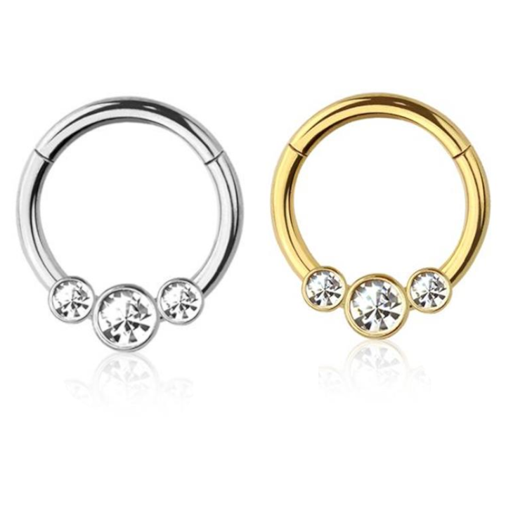 Premium Surgical Steel Graduated 3 Bezel-Set Crystal Hinged Segment Ring 16g