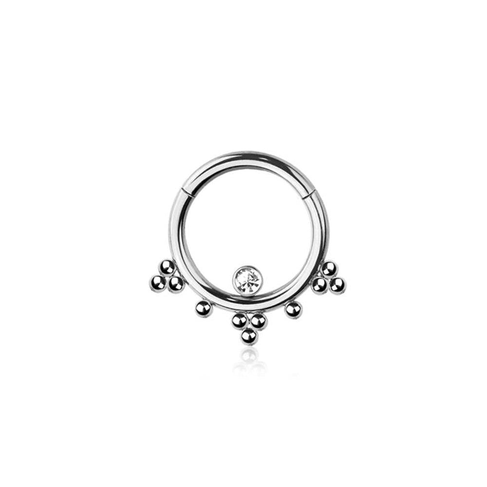 Premium Surgical Steel Bezel-Set Crystal + Dotwork Hinged Segment Ring 16g